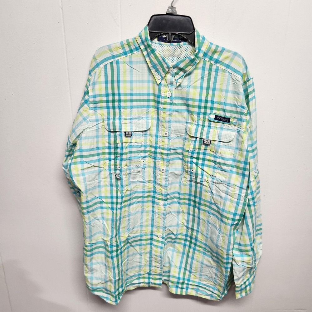 Columbia PFG Super Bahama Shirt Mens Green Blue Plaid Long‎ Sleeve Fishing
